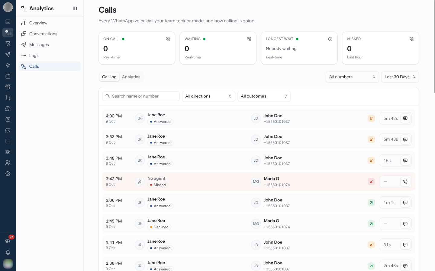 Calls page with the live tiles and a call log including a missed call