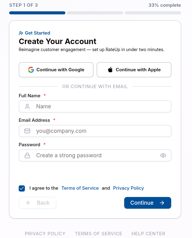 The RateUp login page with the 'Create account' button highlighted.