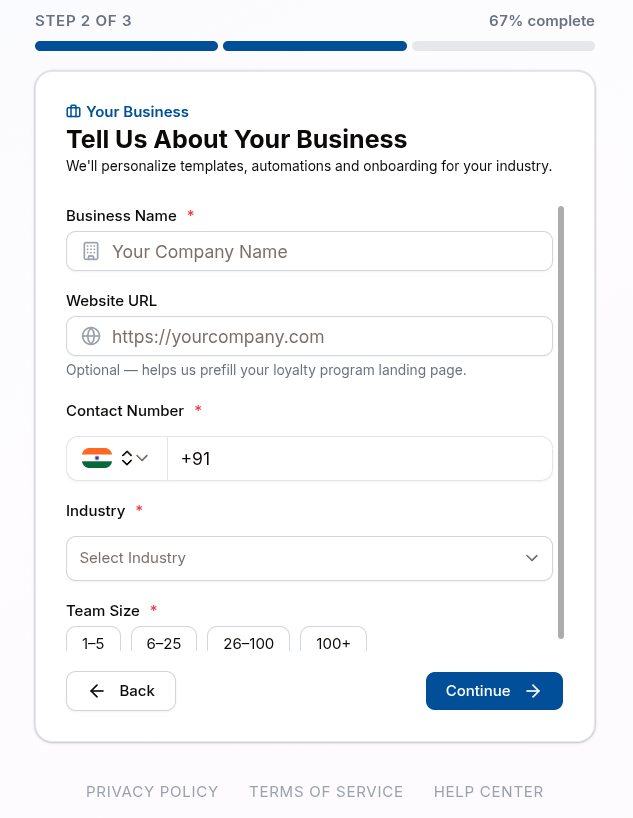 Signup step 2 'Tell Us About Your Business' with business name, website, industry, location and team size, and the Step 2 of 3 progress indicator.