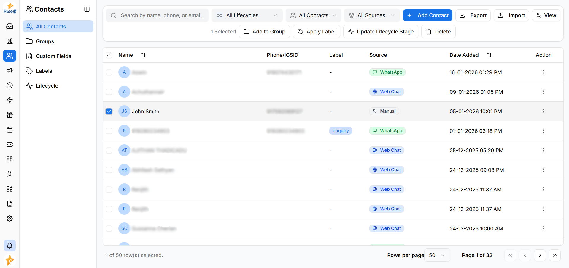 Bulk actions enabled after selecting contacts