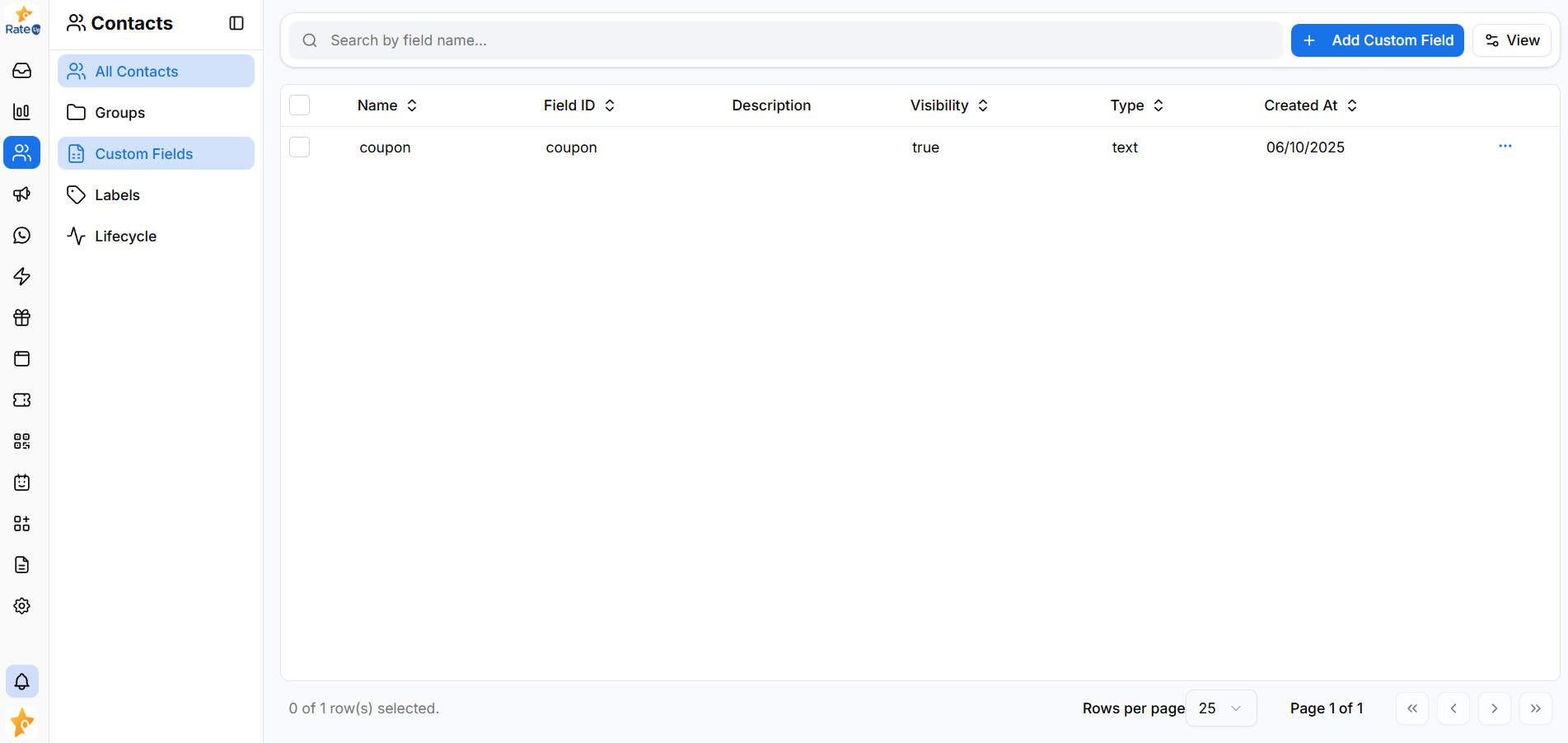Custom fields list page
