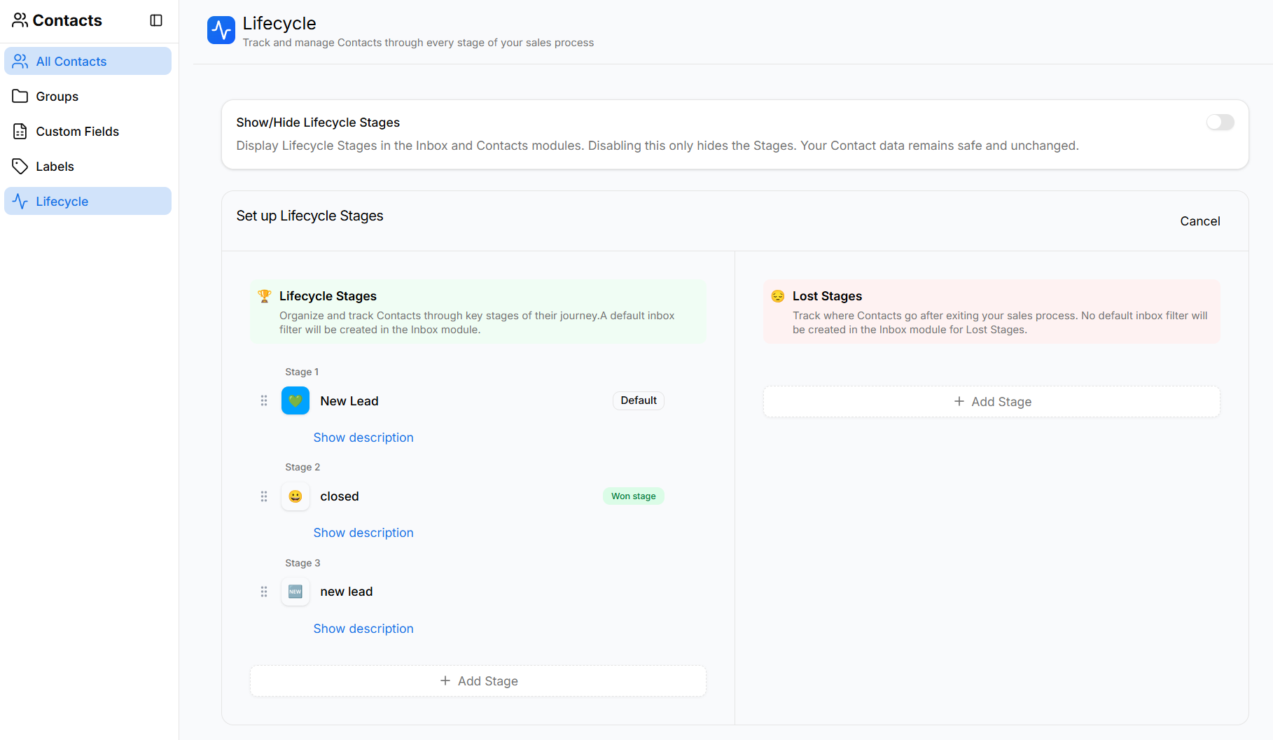 Lifecycle setup screen