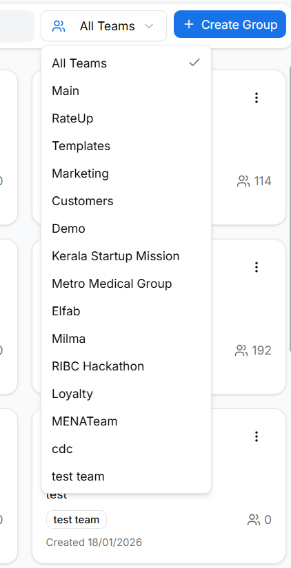 Team filter dropdown in groups list