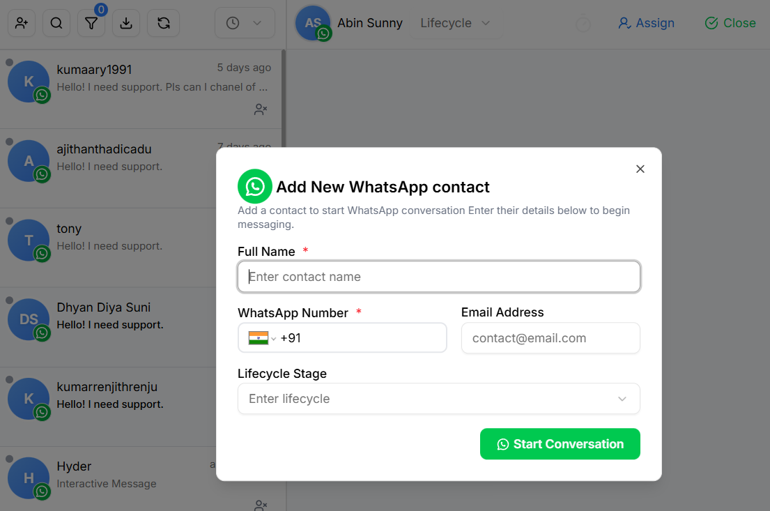 Add new WhatsApp contact modal