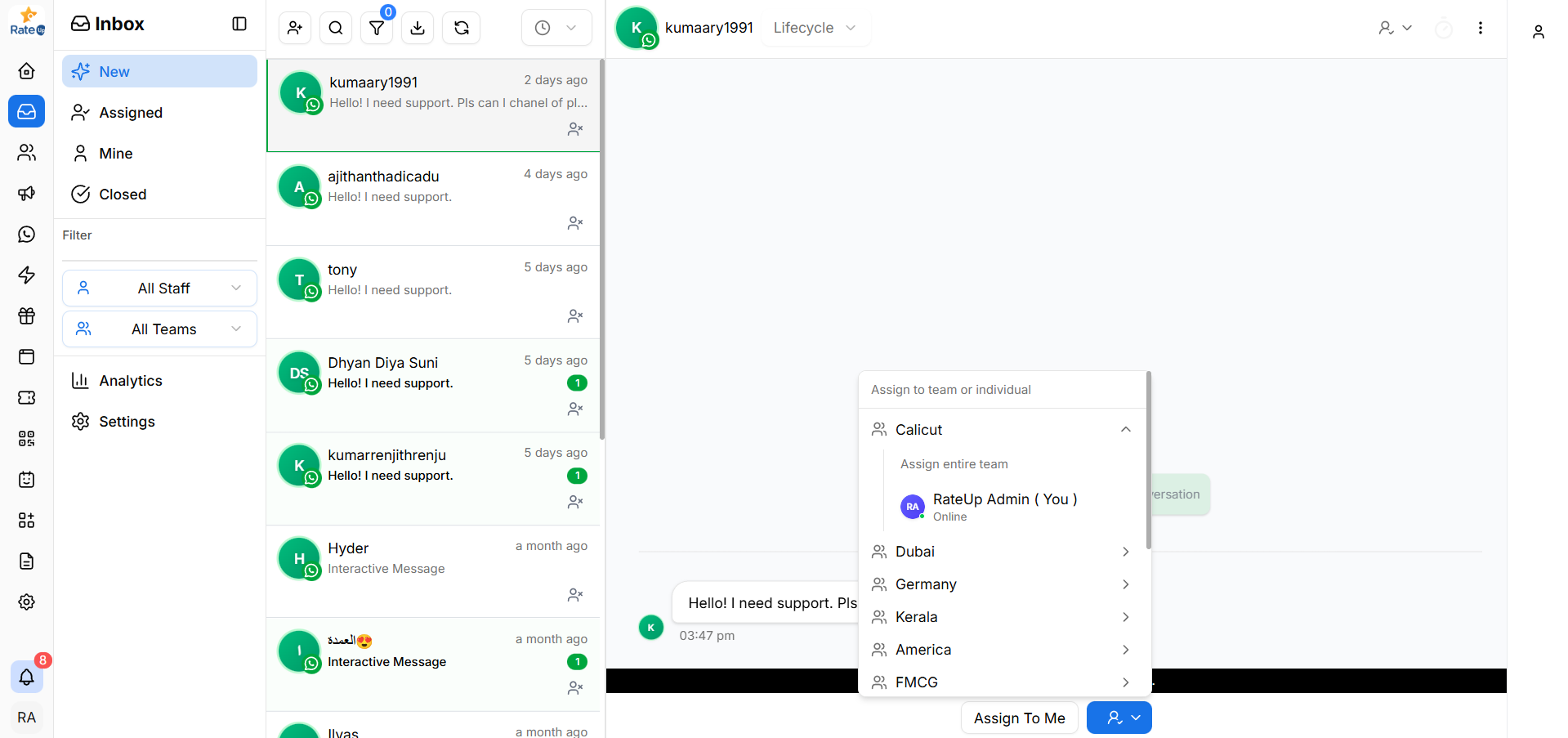 Assigning a new conversation from the New tab