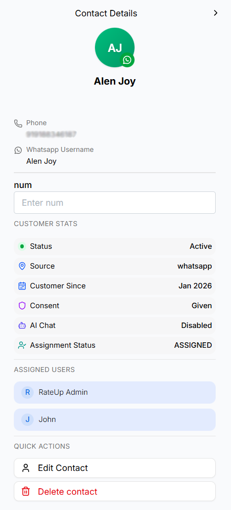 Contact details panel showing customer information