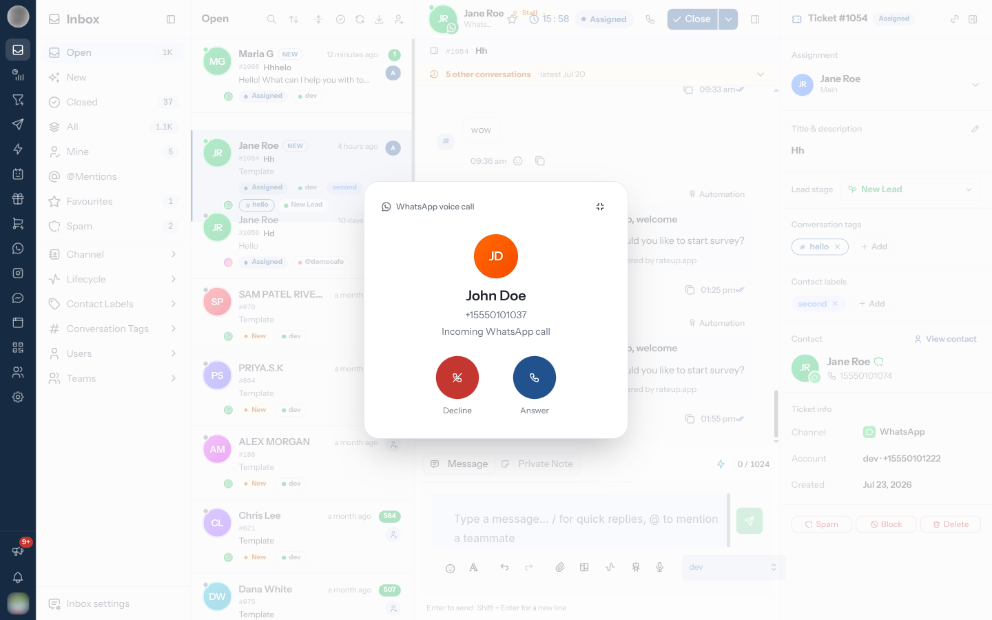 The incoming WhatsApp call screen with Decline and Answer