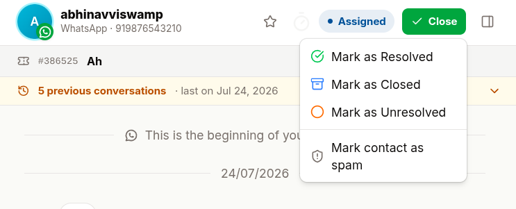 Mark contact as spam, below the close statuses in the Close menu