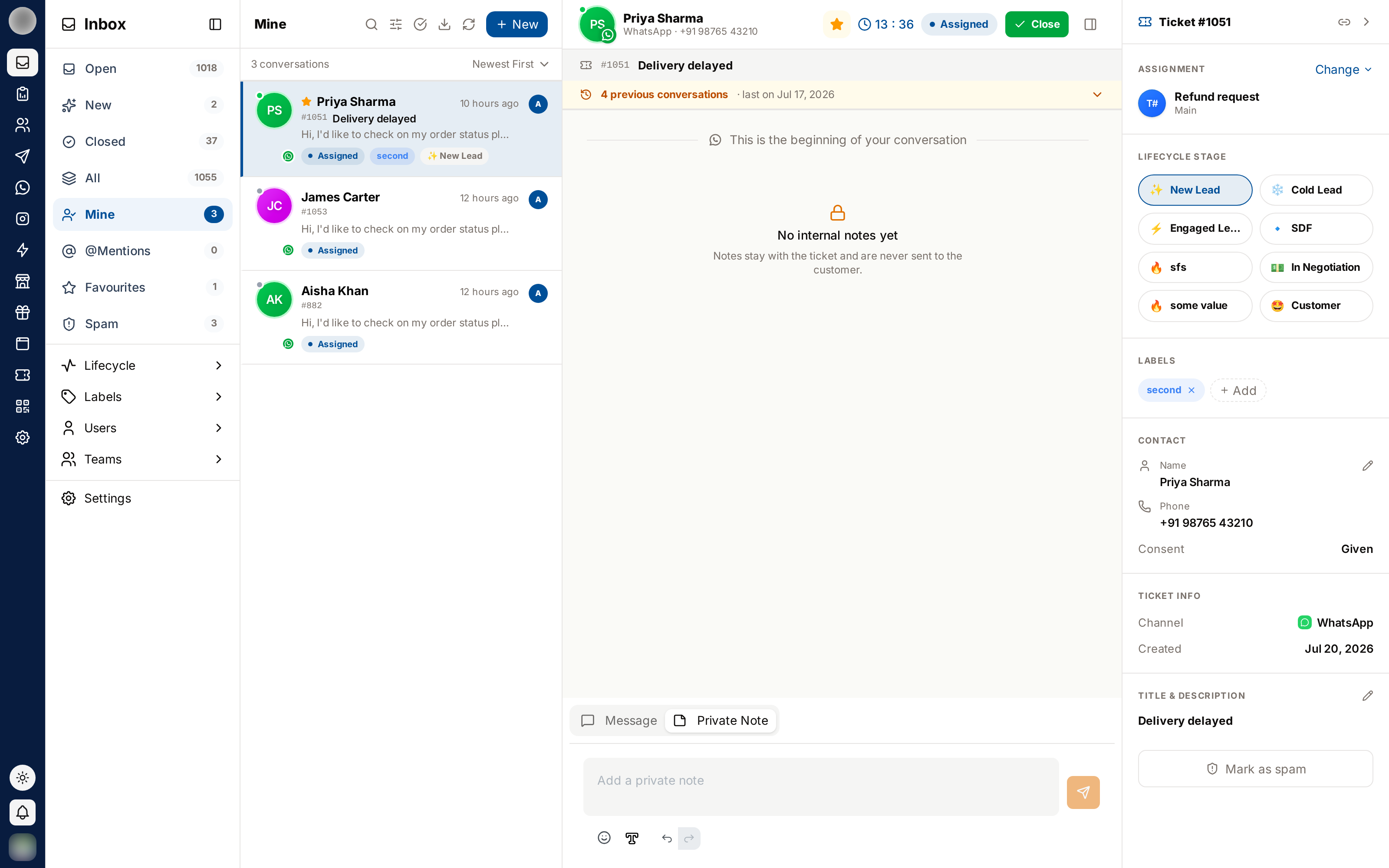 A private note in the message thread