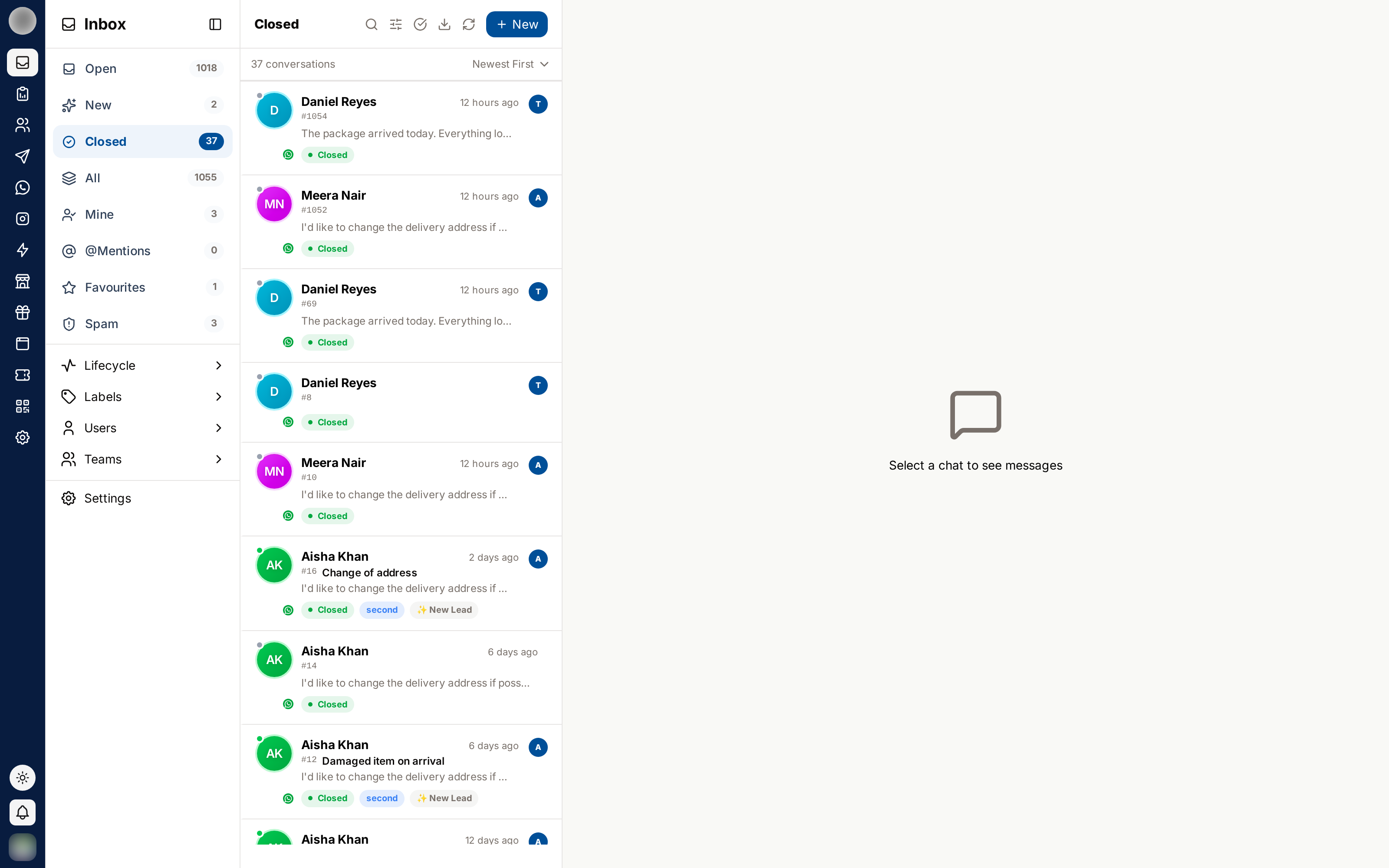 Closed tickets, with the closing details on hover