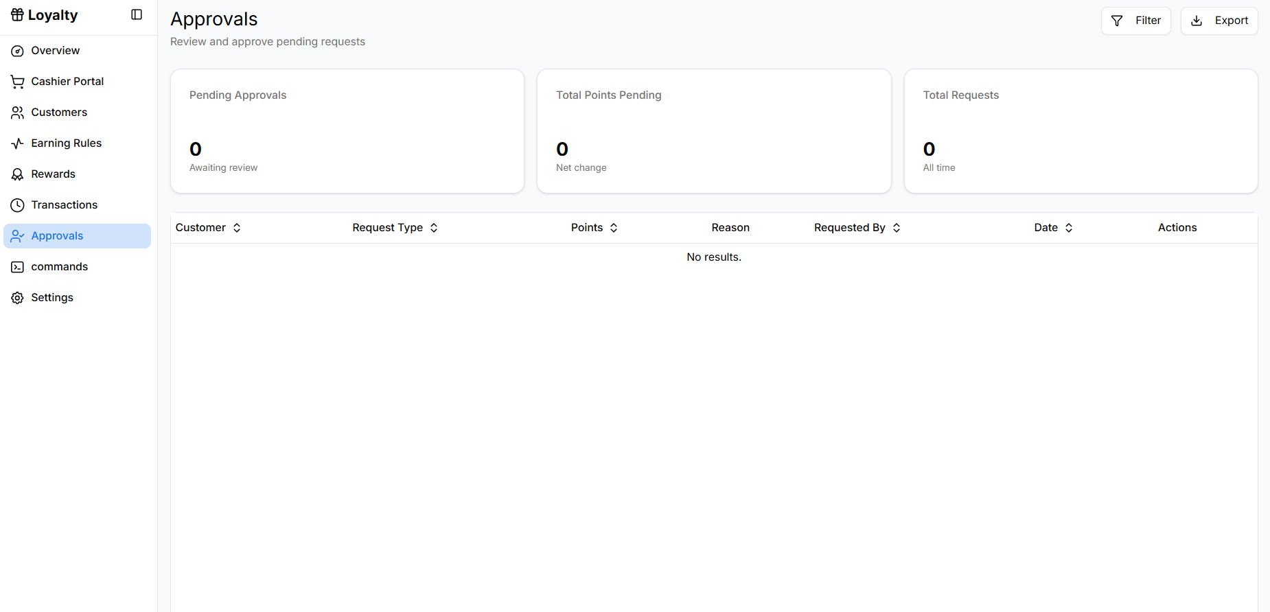 Loyalty approvals page