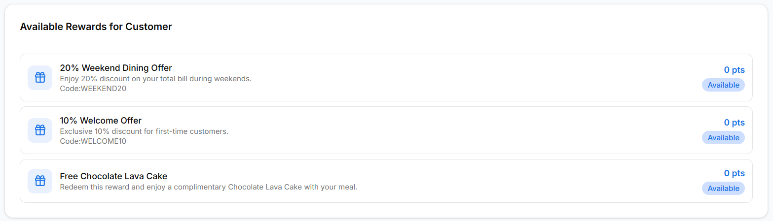 Available rewards for customer