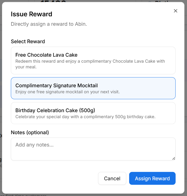 Issue reward modal