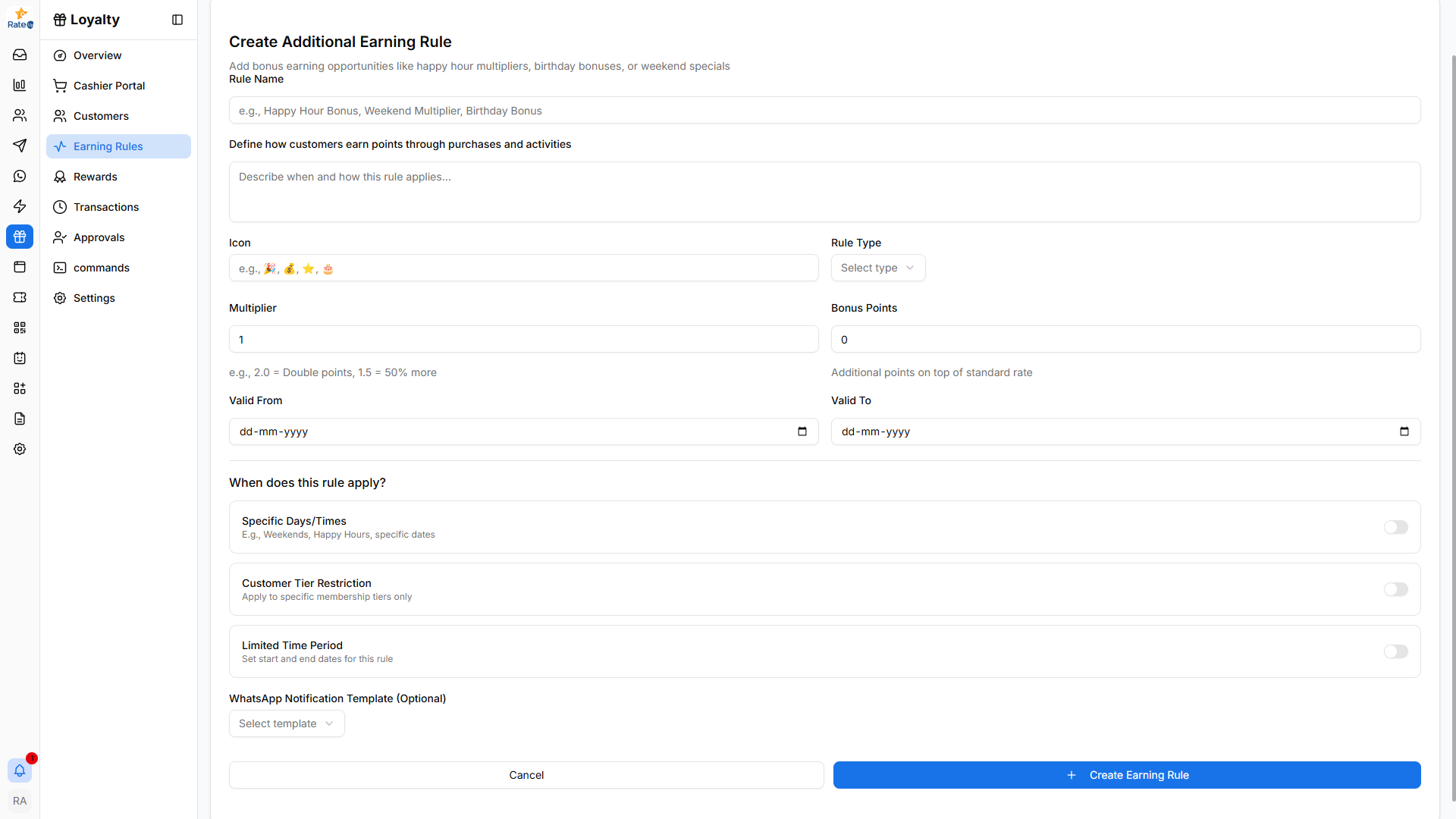 Create additional earning rule page