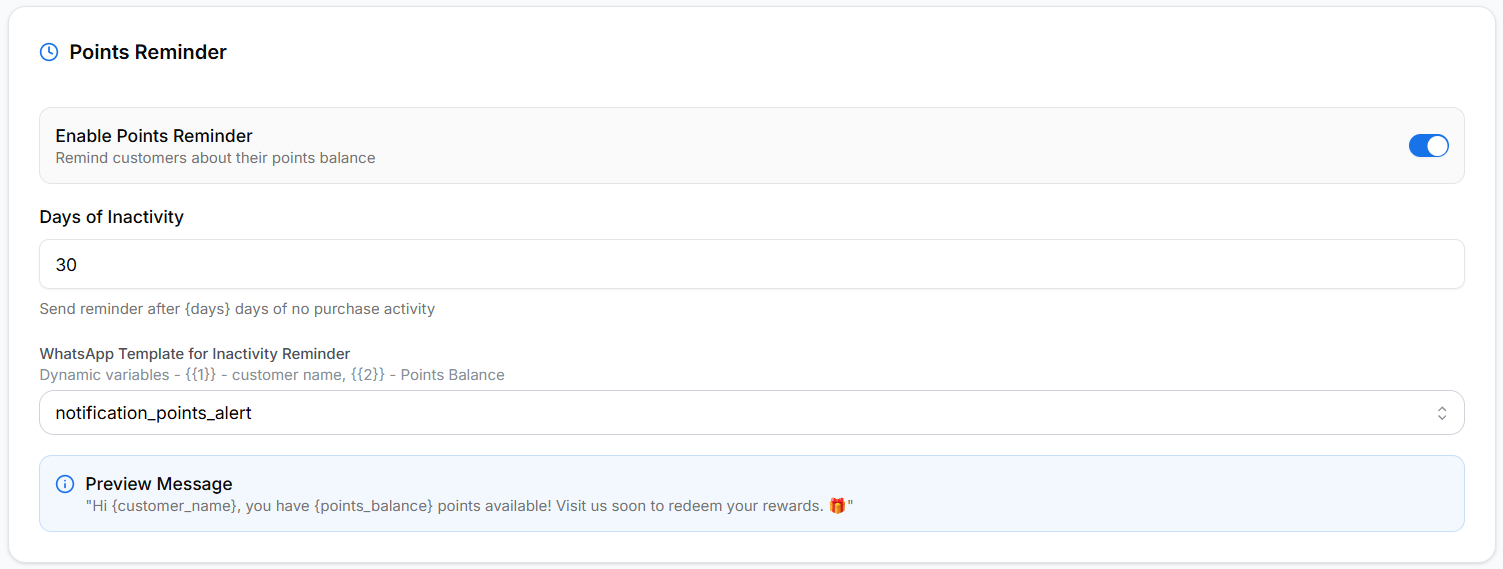 Points reminder notification settings
