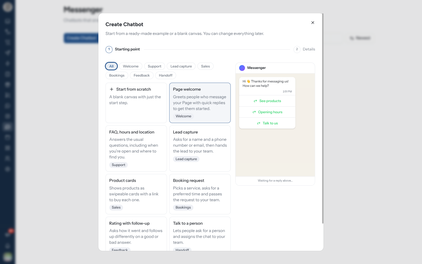 Messenger Create Chatbot wizard with Page welcome playing in the preview