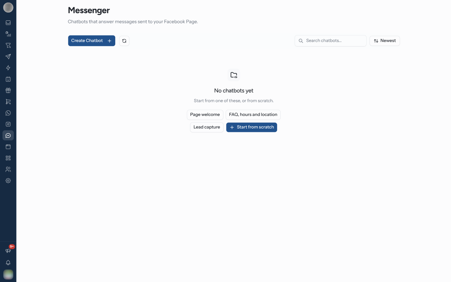 Messenger page with a Facebook Page connected and no chatbots yet: Create Chatbot, search, sort and the starter examples