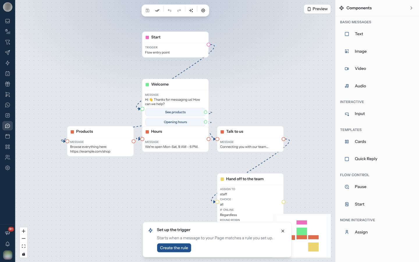 Messenger chatbot editor after creating from Page welcome, with the Set up the trigger card