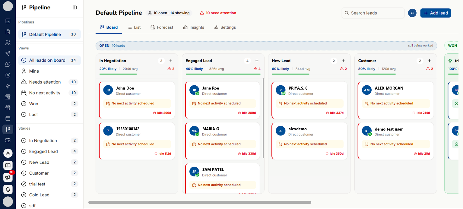 The Pipeline board, with the sidebar's views and stage facets beside it