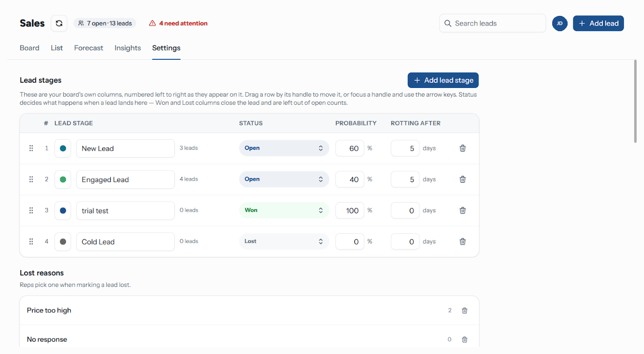 Pipeline settings: the lead stages table, with lost reasons under it