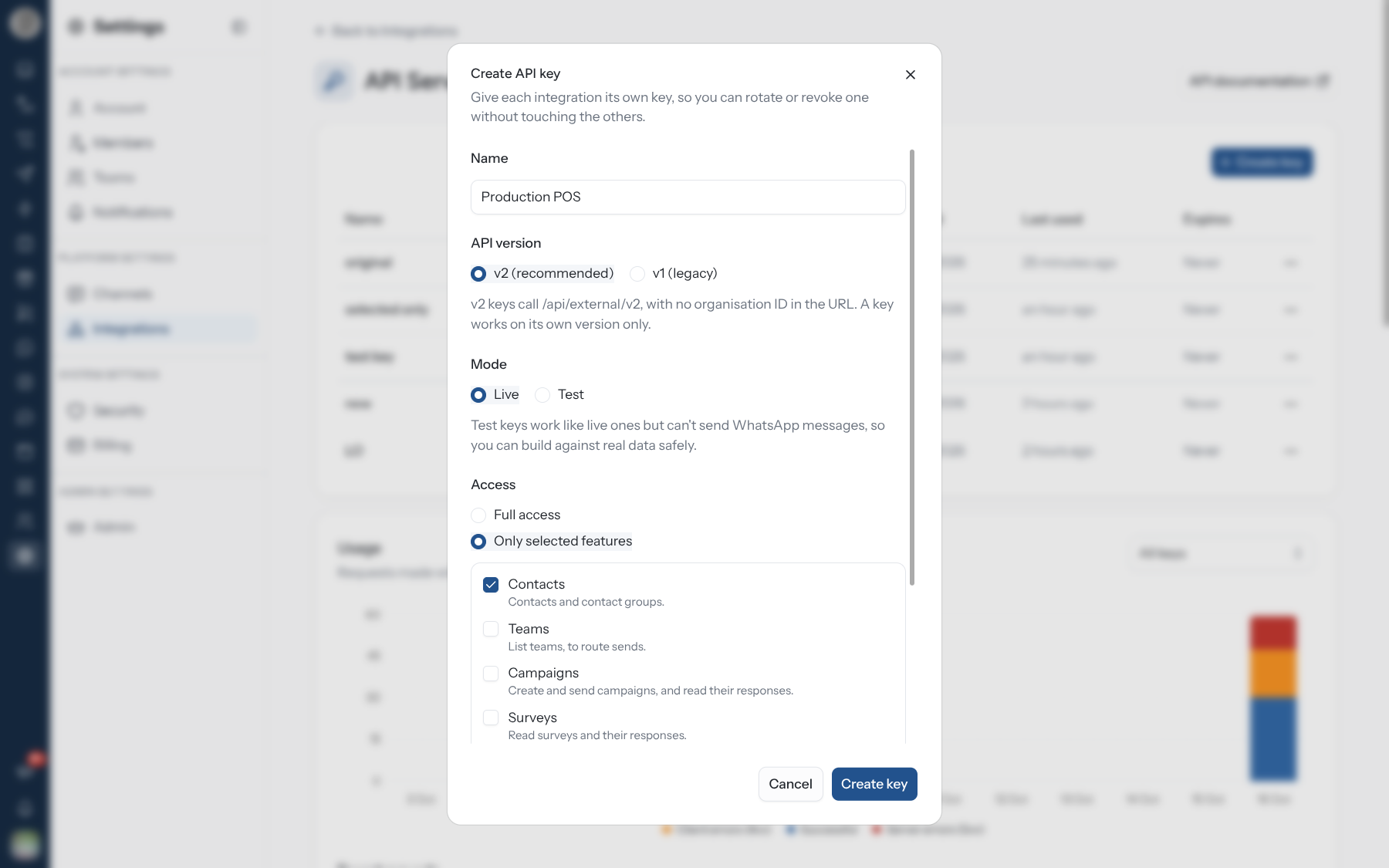 Create API key dialog with Only selected features chosen