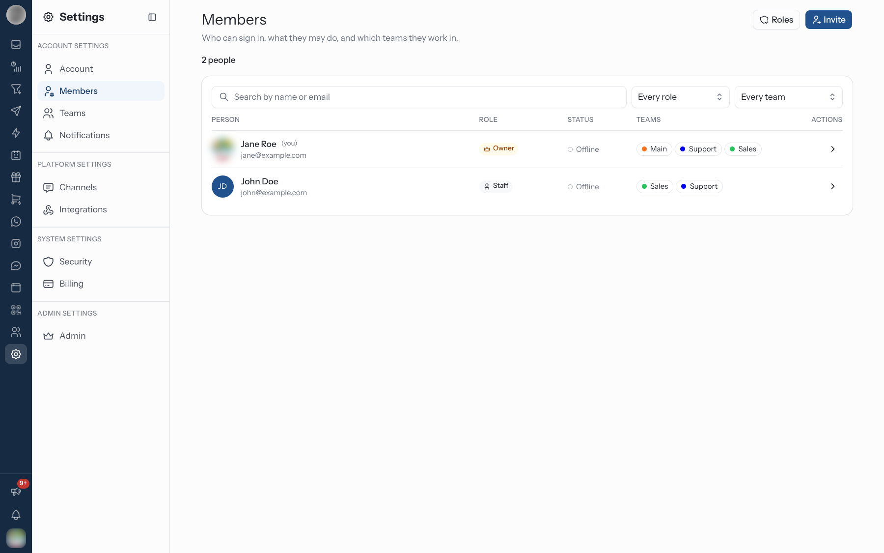 Members page listing people with their role, status and teams