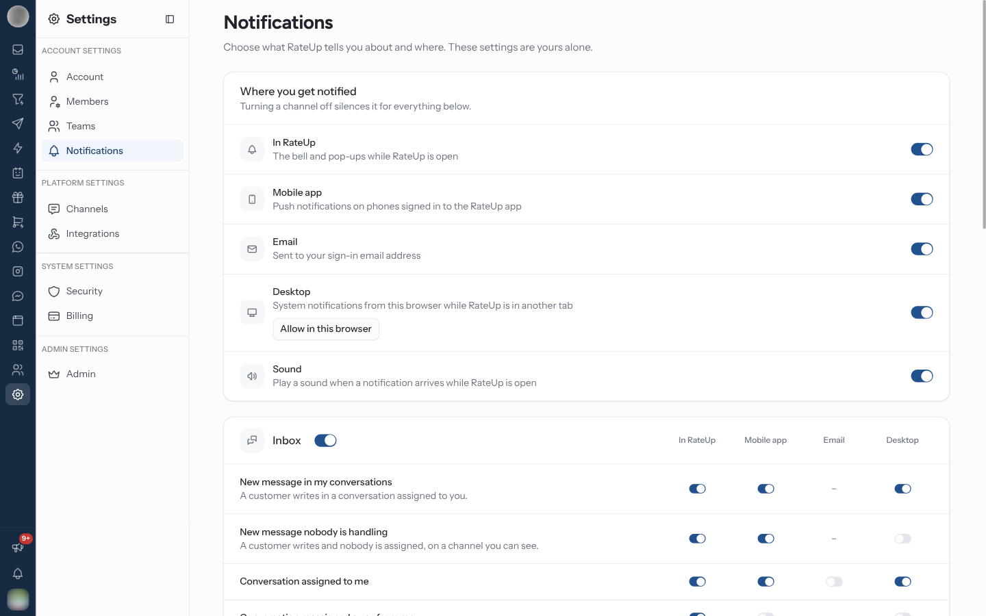 Notifications settings with the channel switches and the Inbox section