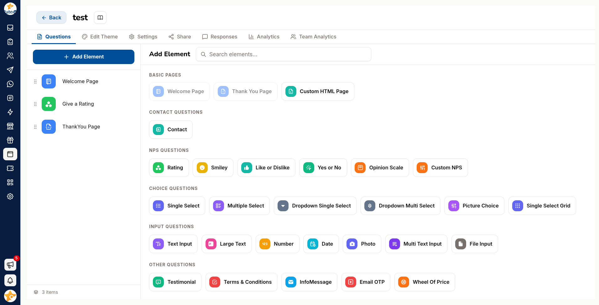 Question types, in the Add Element pane