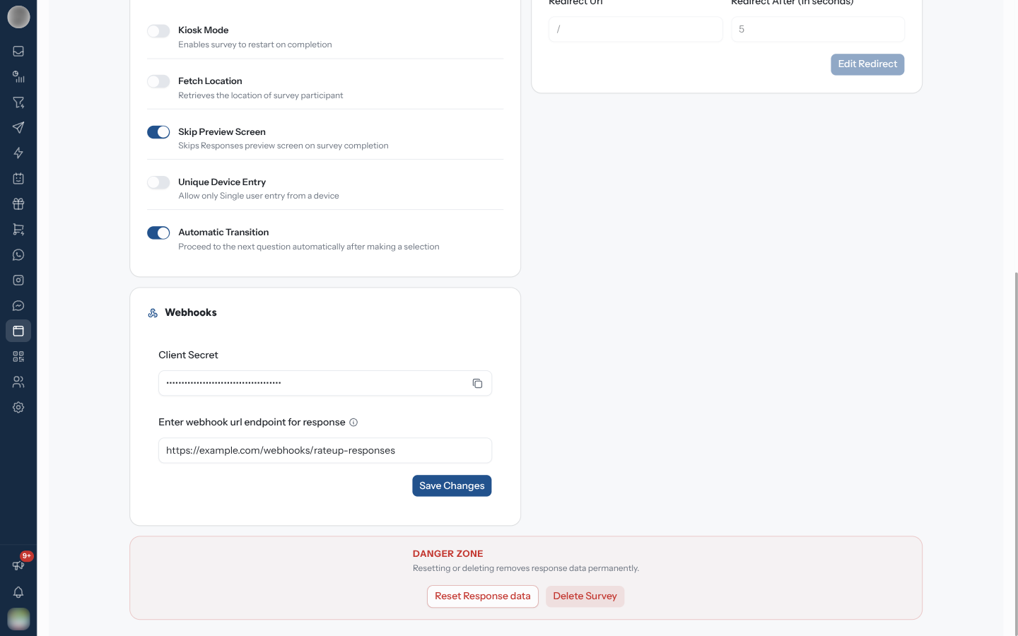 Webhooks card with the Client Secret and the endpoint URL