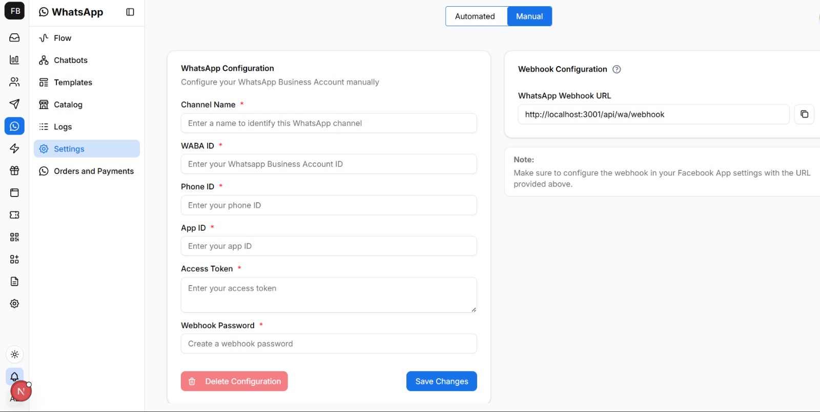 WhatsApp settings manual configuration